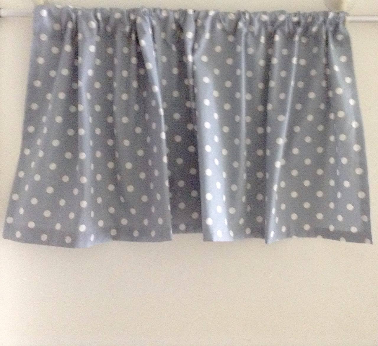Grey Blue Polka Dot Valance Window Panel with or without pom pom bottom edge - 42 inch