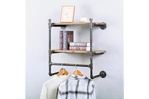 JIANZHUO Industrial Pipe Clothing Rack Wall Mounted with Real Wood Shelf,Retail Garment Rack Display Rack Cloths Rack,24in Pipe Shelving Floating Shelves