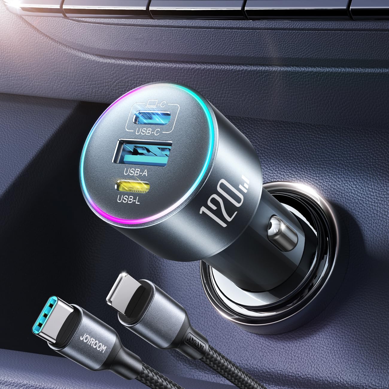 120W Fast Car Charger for iPhone 14 13 12 11-17 Pro Max Plus Mini SE XR XS X 8 7 6, iPad, PD 100W Super Fast Charging & Ultra-Compact Adapter Cigarette Lighter with [USB L Cable to USB C] and USB-C&A