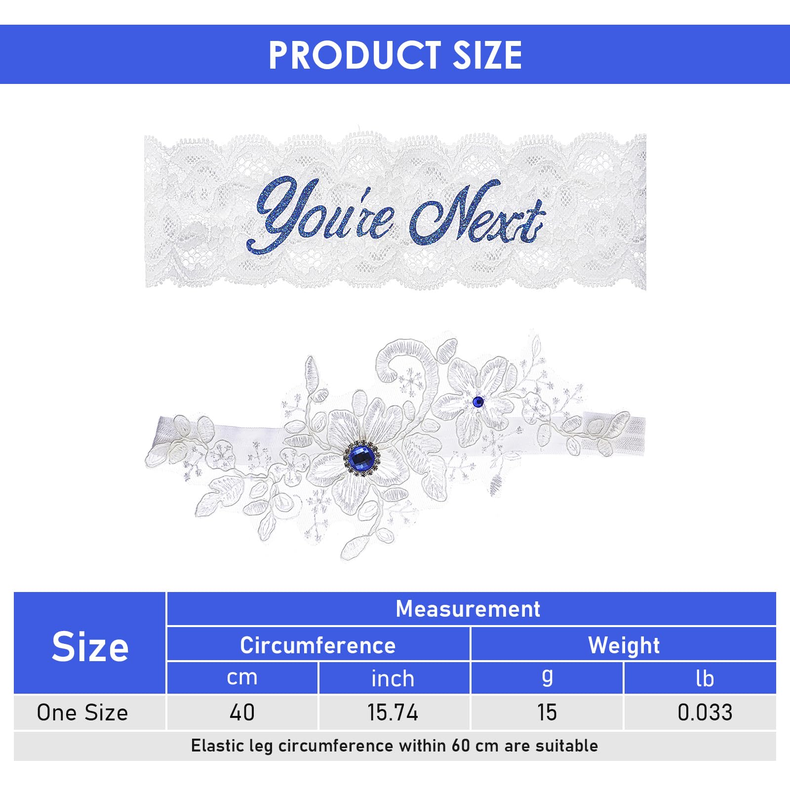 Lusofie 2Pcs Bridal Wedding Garter Rhinestones Blue Wedding Garter for Bride White Lace Floral You're Next Garters for Bride Women