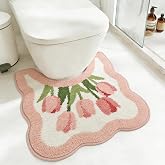 WREWING Tulip Flower U-Shaped Toilet Mat, Romantic Floral Non-Slip Bath Rug with Wave Edge Design, Soft Absorbent Microfiber Floor Mat for Toilet Base, Machine Washable Bathroom Decor (U-Shaped Pink)