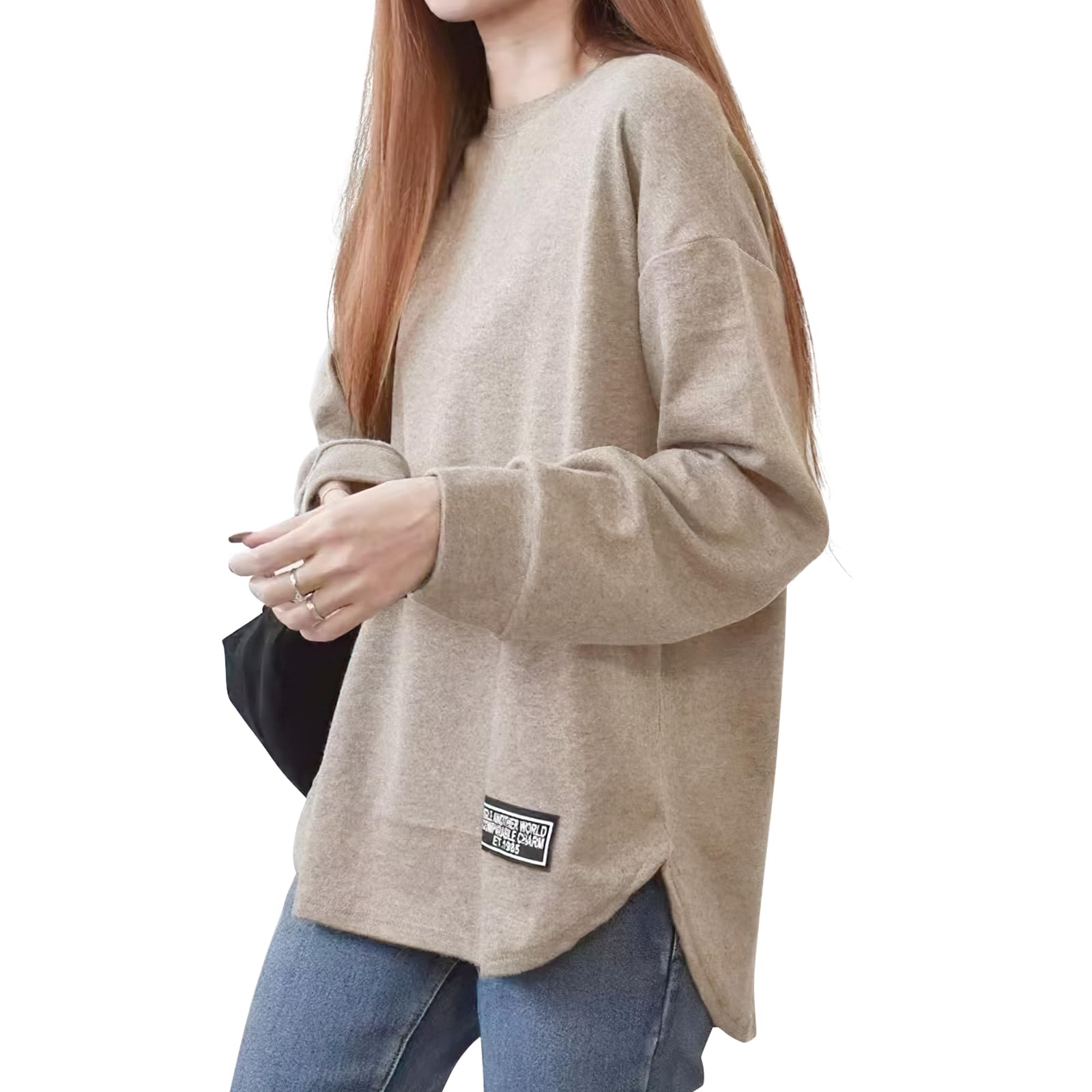 MOWO Women's Long Sleeve T-shirt, Perfect Thickness, Vintage Style, Top, Cut and Sewn, Body Cover, Long, Crew Neck, Long Sleeve, Cotton, Heat Retention, Slimming, Fashionable, Layered, Won't lose its