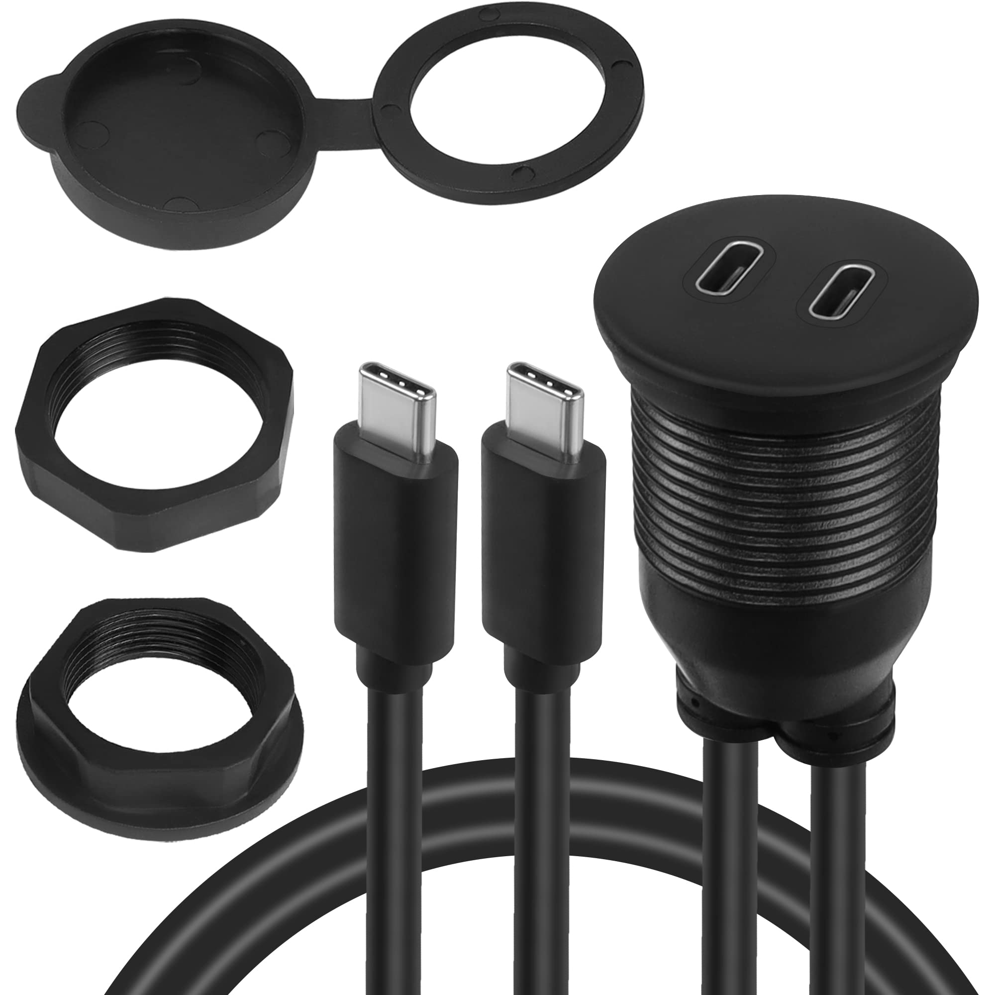 QIANRENON Dual USB C Threaded fixing Embedded Car Waterproof Cable 10Gbps 2 Port USB C 3.1 Male to Female Flush Panel Mount Extension Cable, PD 65W 4K@60HZ Audio/Video Transmission, 1m/3.3ft