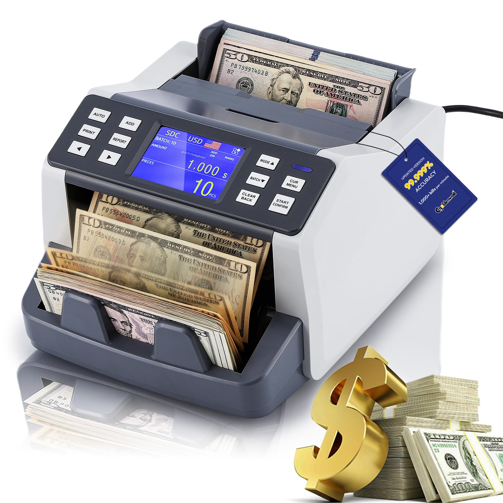 Photo 1 of (used) CGOLDENWALL Upgrade Mixed Denomination Money Counter, CIS/UV/MG/IR Counterfeit Detection, Touchscreen Value Counter
