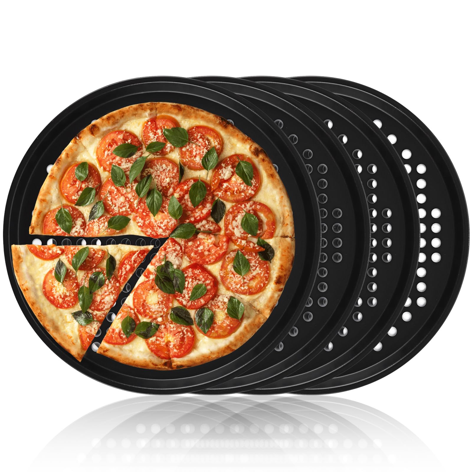SHUESS 4 Pcs Carbon Steel Pizza Tray - 12 Inch Pizza Baking Pan - Round Perforated Baking Trays - Pizza Trays for Oven Non Stick, Healthy and Durable, Dishwasher Safe (32 cm, Black)