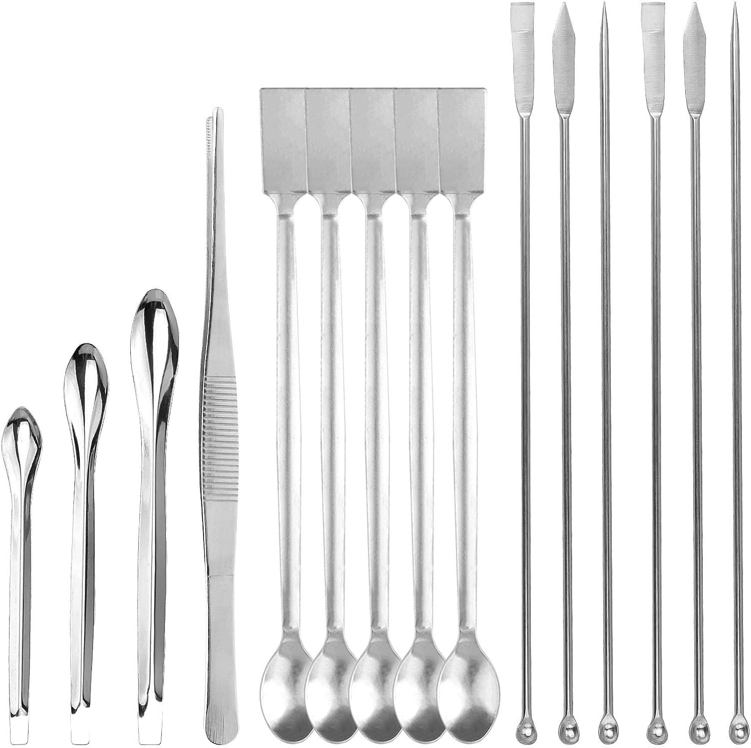 LANIAKEA 15 PCS Stainless Steel Lab Spatula Spoon Set Tweezers Metal Scoop 2 in 1 Micro Spoons Long Sampling Mixing Spoon for Powders Gel Cap