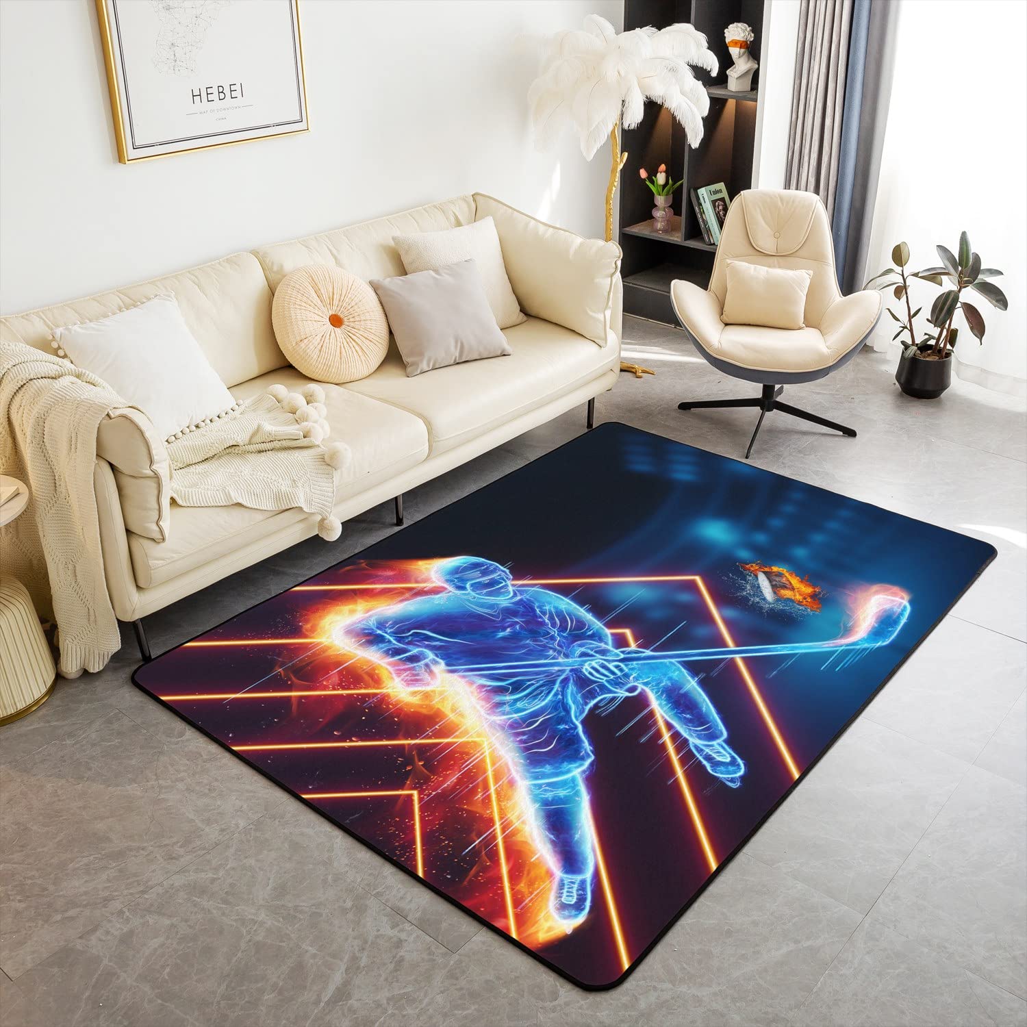 Loussiesd Ice Hockey Living Room Rugs Hockey Player Accent Rug Kids Winter Sports Decor Carpet Puck Hockey Indoor Floor Mat Room Decor Area Rug 100X150cm