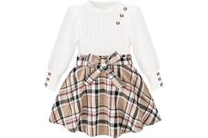 AMAWMW Girls Skirt Sets Fall Outfits Puff Sleeve Crewneck Ribbed Knit Tops and Plaid Skirt Set Kids Fall Winter Clothes