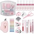 Colarr Mini Office Supply Kit Includes Stapler Tape Dispenser Staple Remover Paper Clips Scissor Staples Pen Sharpener Note Small Telescopic Knife for Office and School Clerk Student (Pink)