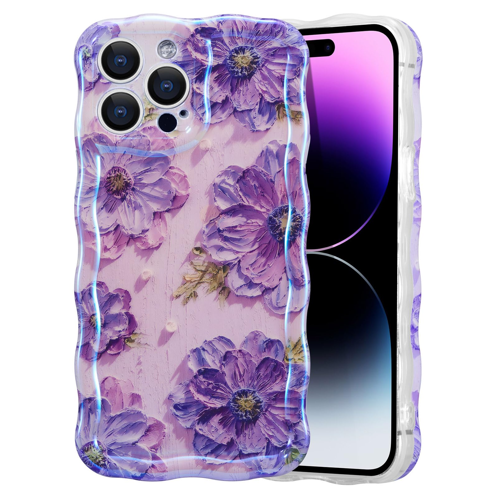 EYZUTAK Case for iPhone 12 Pro, Colorful Retro Oil Painting Flower Laser Beam Glossy Pattern Cute Curly Waves Border Exquisite Phone Cover Stylish Durable TPU Protective Case for Girls Women - Purple — image 1