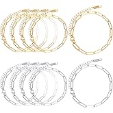 Wisreach 10 PCS Charm Bracelet Kit 18K Gold Plated Paperclip Chain — 6.3 Inch Adjustable Stainless Steel Charm Bracelets with Lobster Clasps for DIY Jewelry Making (Gold & Silver)