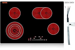 VEVOR Built in Electric Stove Top, 30 inch 4 Burners Ceramic Cooktop, 240V Glass Radiant Cooktop with Sensor Touch Control, Timer & Child Lock Included, 9 Power Levels for Simmer Steam Slow Cook Fry