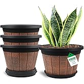 Quarut Large 4 Pack 14 inch Plant Pots,Whiskey Barrel Planters with Drainage Holes & Saucer,Plastic Decoration Flower Pots Retro Design,Planters for Outdoor Indoor Garden Balcony Plants (Brown)