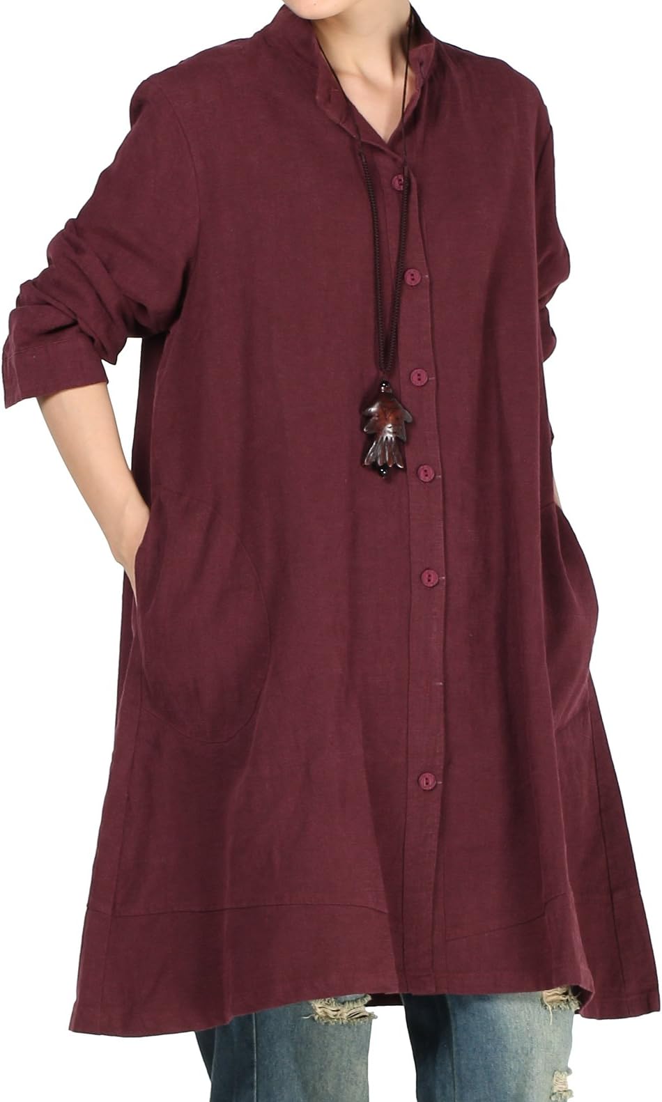 VogstyleWomen's Autumn Cotton Linen Full Front Buttons Shirt Dress with Pockets