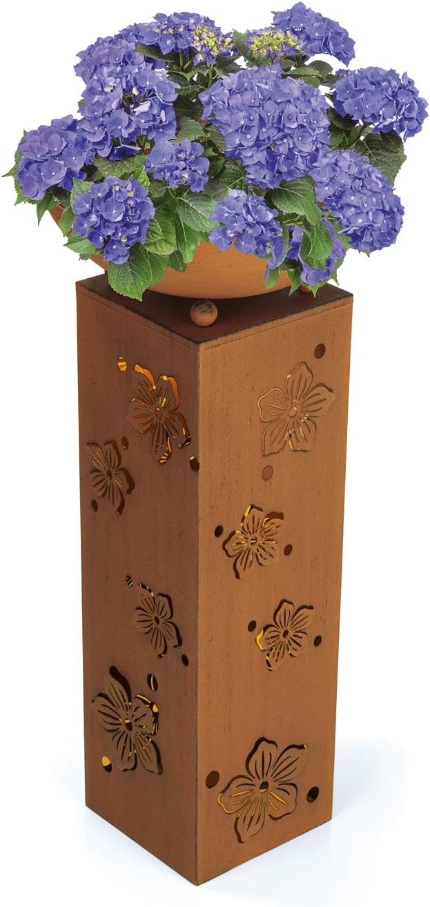 Hoberg LED Pflanzsäule 3D Blumen-Design in Rost-Optik | Abnehmbare Pflanzschale (Ø 34cm) In- und Outdoor geeignet | Integrierte Beleuchtung, 6h Timer, Kabellos | [ 19 x 19 x 72 cm]