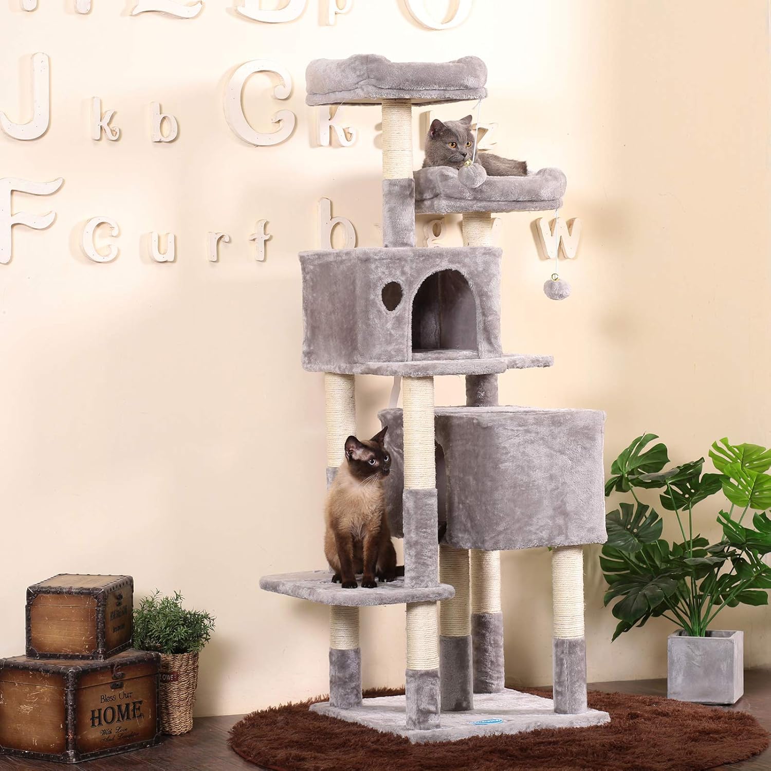 Hey-bro 60 inches Large Multi-Level Cat Tree Condo Furniture with Sisal-Covered Scratching Posts, 2 Plush Condos, 2 Plush Perches, for Kittens, Cats and Pets, Light Gray MPJ012W : Pet Supplies