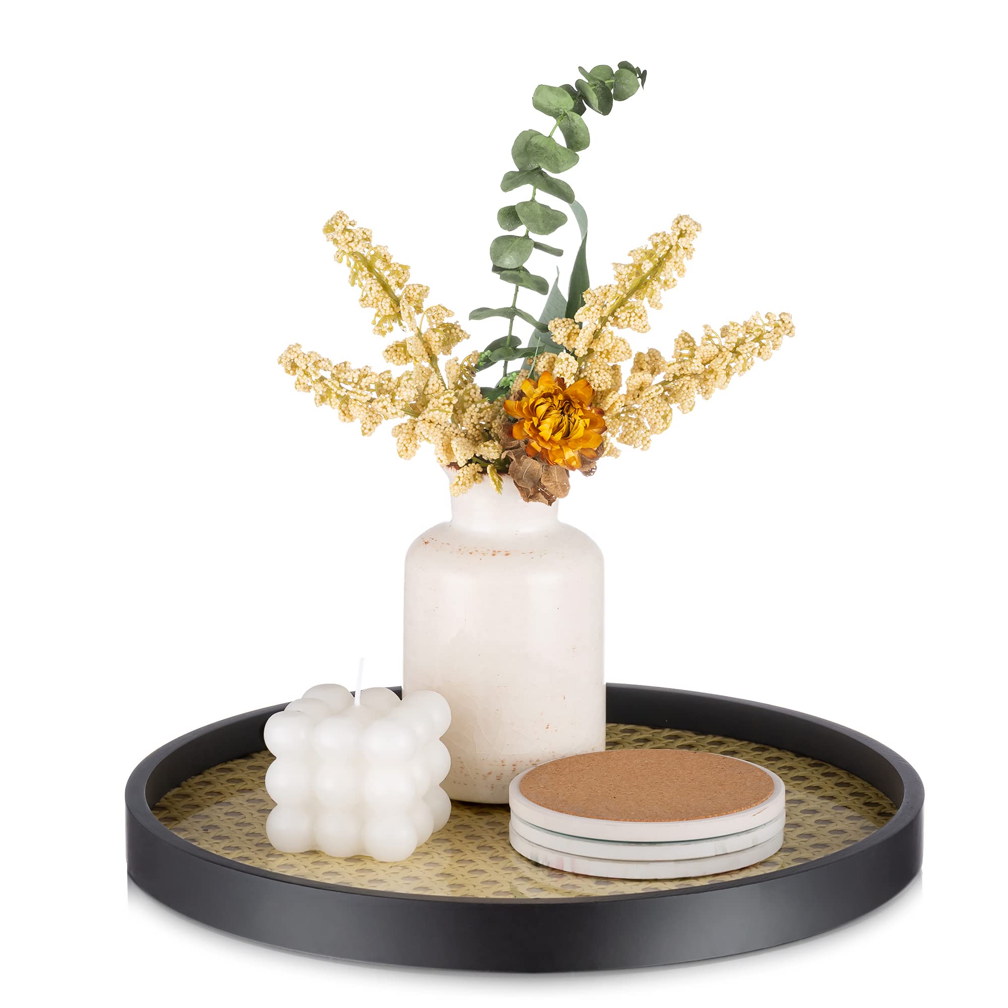 Hanobe Round Decorative Coffee Tray: Coffee Table Trays Decor Circle Rattan Tray with Black Wooden Frame for Storage & Display Serving Tray for Counter Living Room Dresser Makeups, 11.81''/30cm