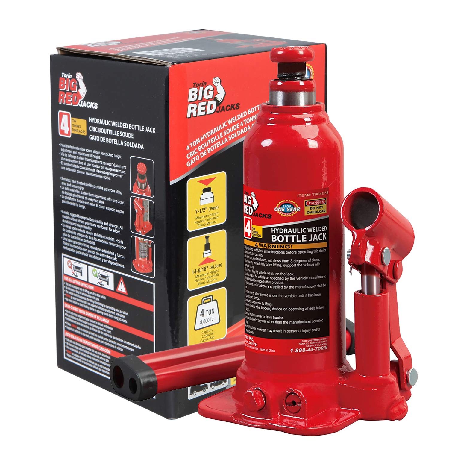 BIG RED T90403B Torin Hydraulic Welded Bottle Jack, 4 Ton (8,000 lb