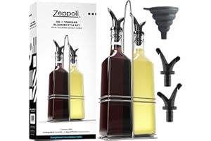 Zeppoli Oil and Vinegar Bottle Set 17oz - Comes with Stainless Steel Rack, Removable Cork, Funnel, and Spout Caps - Dual Cork Spout - Glass Olive Oil Dispenser Set
