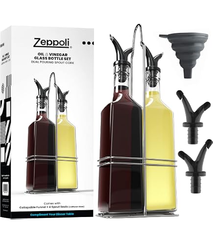 2-Piece Oil & Vinegar Dispenser Set - Black & White Glass Bottles With Stainless Steel Spouts & Caddy