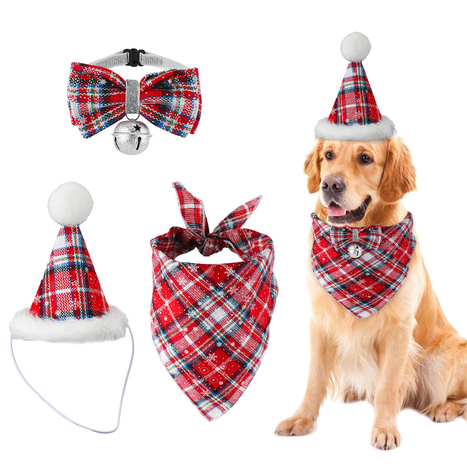 3pcs Christmas Dog Bandana Hat Bowtie, Adjustable Red Plaid Pet Triangle Scarf Snowflake Dog Bow Tie with Bell Christmas Dog Costume Supplies for Pets Cats