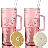 ANOTION Glass Cups with Handle, 24oz Glass Cups with Lids and Straws Travel Coffee Mug Bamboo Mason Jar Iced Cup Smoothie Tea Clear Cute Water Drinking Jars Glasses