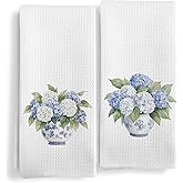 Qeheb Blue and White Chinoiserie Floral Kitchen Towels Set of 2, Blue and White Porcelain Hydrangea Flowers Decorative Dish Tea Towels, Grand Millenial Decor Hand Towels for Bathroom, 16X24In