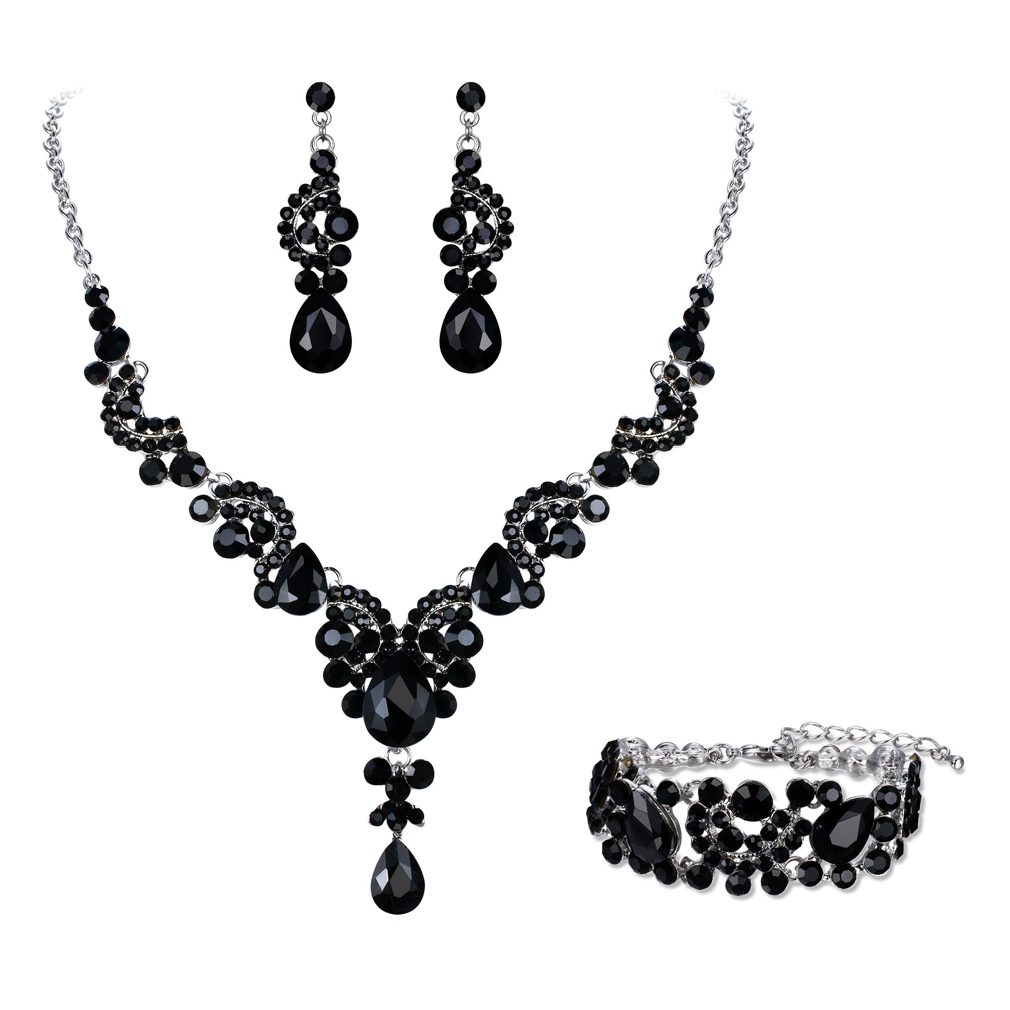 Ever Faith Wedding Jewellery Set for Women, Sparkly Rhinestone Crystal Vintage Floral Teardrop Brides Bridal Necklace Earrings Bracelet Sets Prom Party Costume Jewelry 3 Pcs Black Silver-Tone