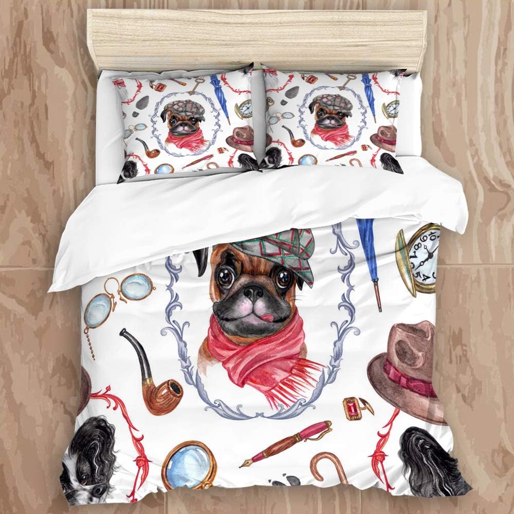 ZOMOY Duvet Cover Set, English Style Dog-Boys Watercolor Sherlock Holmes Animalistic Background with Dogs, Decorative 3 Piece Bedding Set with 2 Pillow Shams