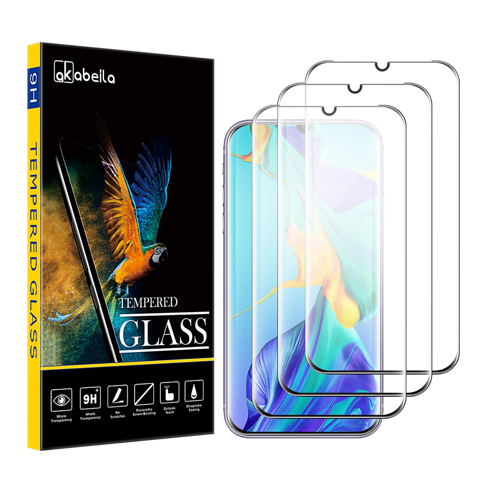 AKABEILA [3 Pack Screen Protector for Huawei P30 Pro Tempered Glass Premium [Full Coverage] HD Protective Films Anti-Bubble Anti-Fingerprint [9H Hardness]