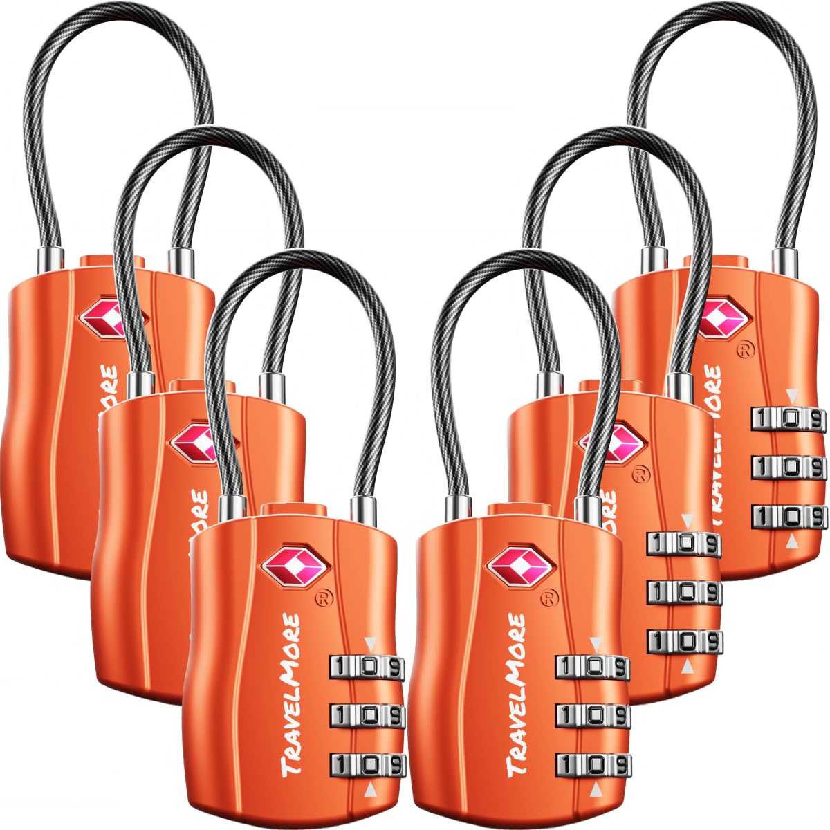 6-Pack TSA Approved Travel Combination Cable Luggage Locks for Suitcases & Backpacks | TSA Locks | Luggage Locks | Orange