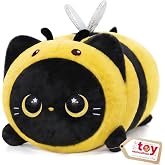 Mewaii Black Cat Bee Plush Kawaii Plushies, Ultra-Soft Feel, 16 in | Starry-Eyed Cat Design, 16 in Portable Size, Cuddly Plush, Gentle Machine Washable, Desk Decor, For Kids, Teens &amp; Cat Lovers