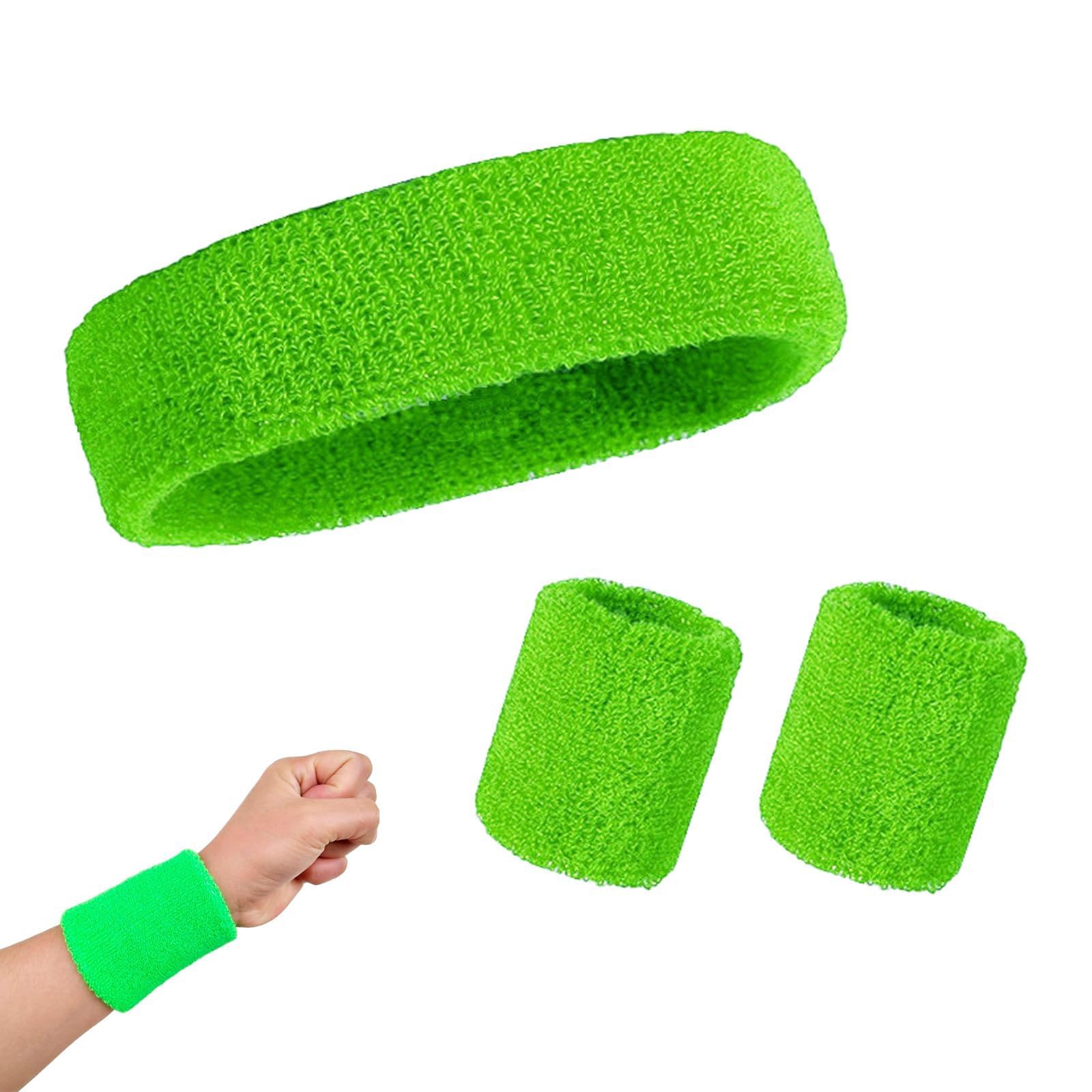 1 Pcs Green Headband and 2 pcs Wristbands Sweatbands Set 80s hair accessories Green sweat band 80s Headband for Women Girls Gym Yoga sweat bands wristbands wrist sweat bands men