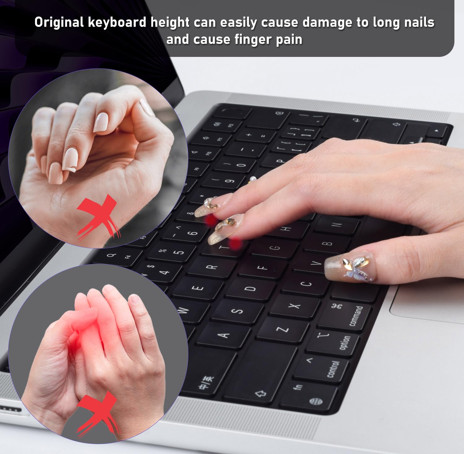MacBook Keyboard Cover for Long Nails, 2024-2021 MacBook Pro 14/16 M4 4 M3 M2 M1 Silicone Raised Keyboard Skin, MacBook Air 13/15 2025 Keyboard Protector for Nail Art, Black - Image 3