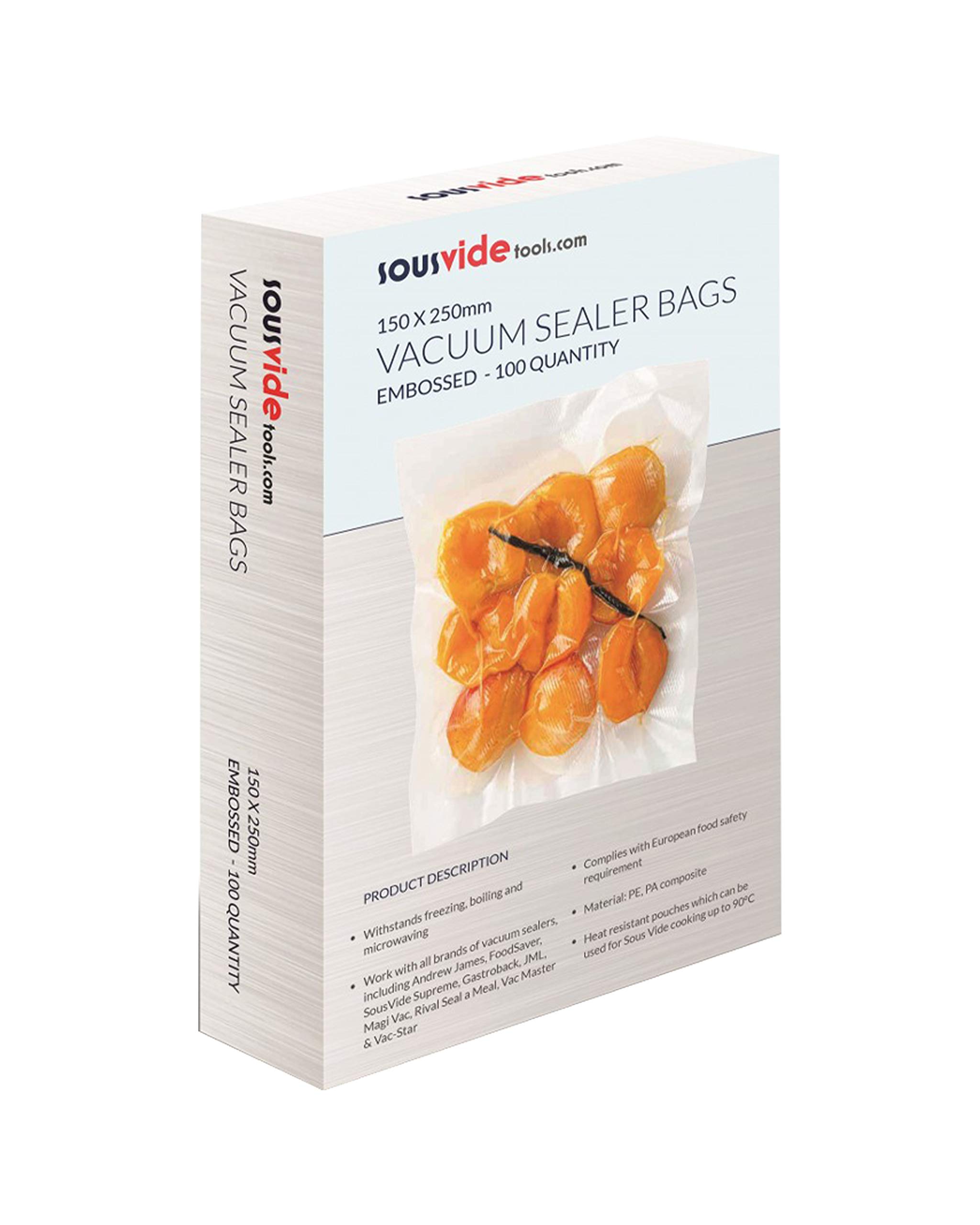 SousVideTools | Vacuum Sealer Bags | Pack of 100 | 15cm x 25cm | Embossed Food Storage | Sous Vide Cooking, Freezing & Microwaving | [SVT-06001]