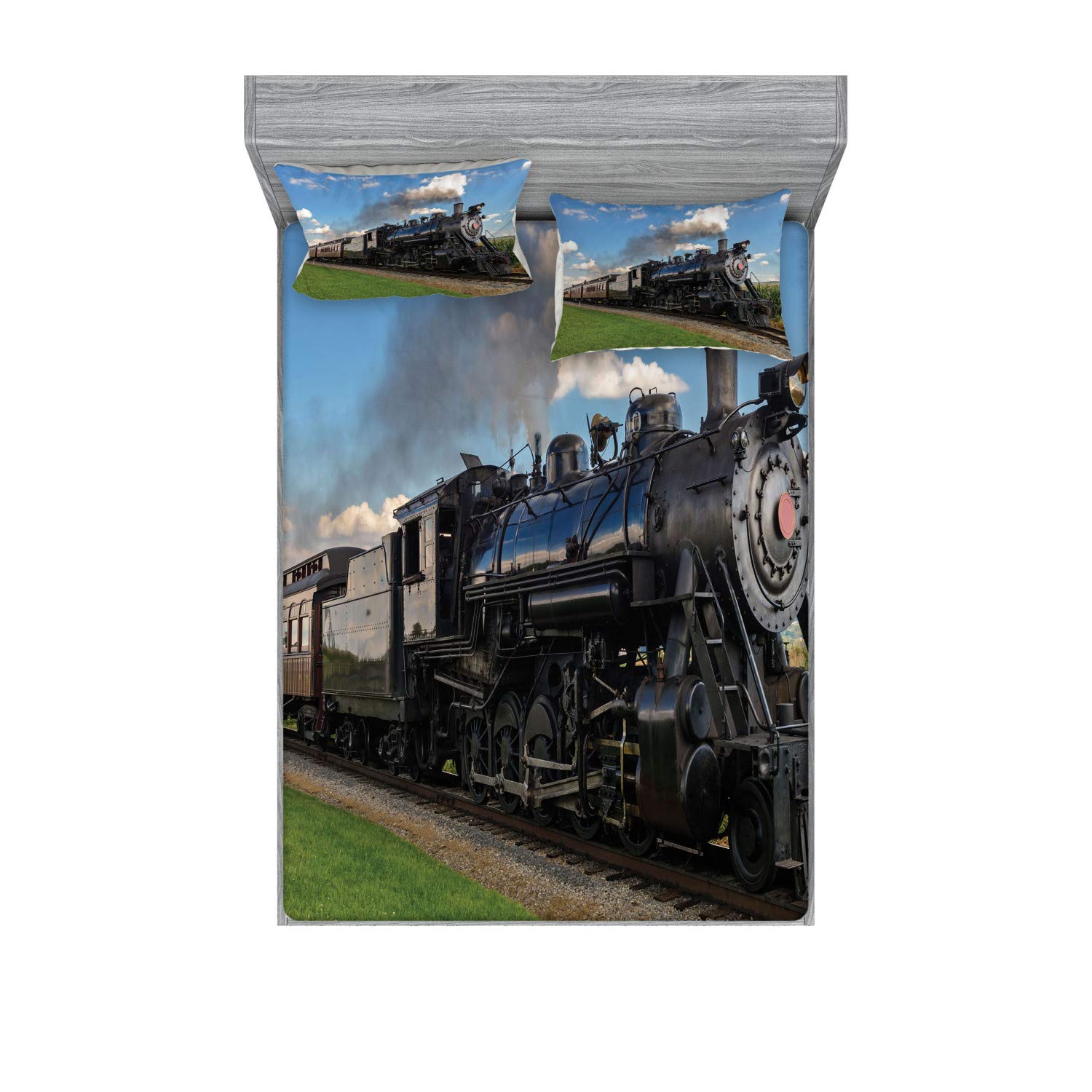 Ambesonne Steam Engine Fitted Sheet & Pillow Sham