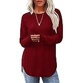 Saloogoe Long Sleeve Shirts for Women 2025 Fall Clothes Tunic Tops Loose Fit Dressy Crewneck Pullover Sweaters Curved Hem