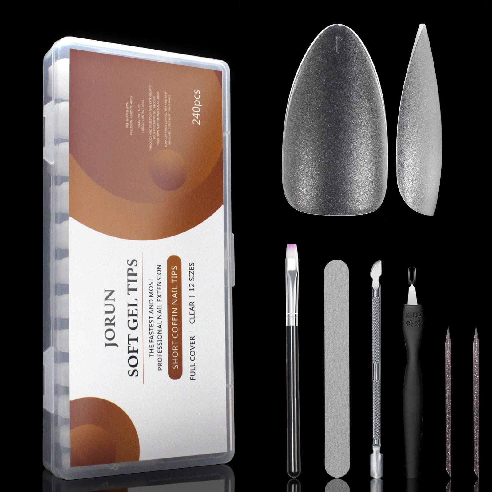 240PCS Short Almond Shaped Nail Tips, Clear Soft Gel Full Coverage Nail Tips, Gel Extension Kit for Salon and Practice Home DIY,12 Sizes — image 1