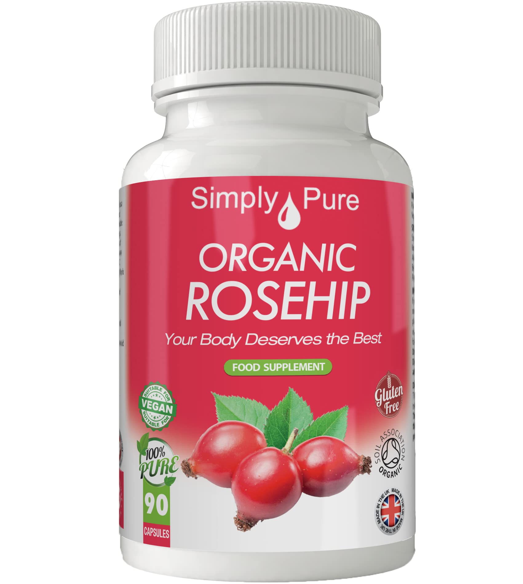 Simply Pure Organic Rosehip Capsules for Healthy Skin, Heart & Joints | 500mg x 90 | 100% Pure Soil Association Certified | Gluten Free | GM Free | Vegan