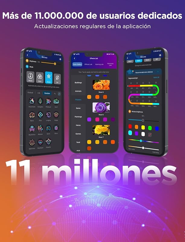 Tira LED 5M, luzes LED RGB com Controlo de Segmento, Sincronização de Música, 64 Modos de Cena, Controlo por App e Milhões de Cores para Quarto, Sala de Estar, Festa