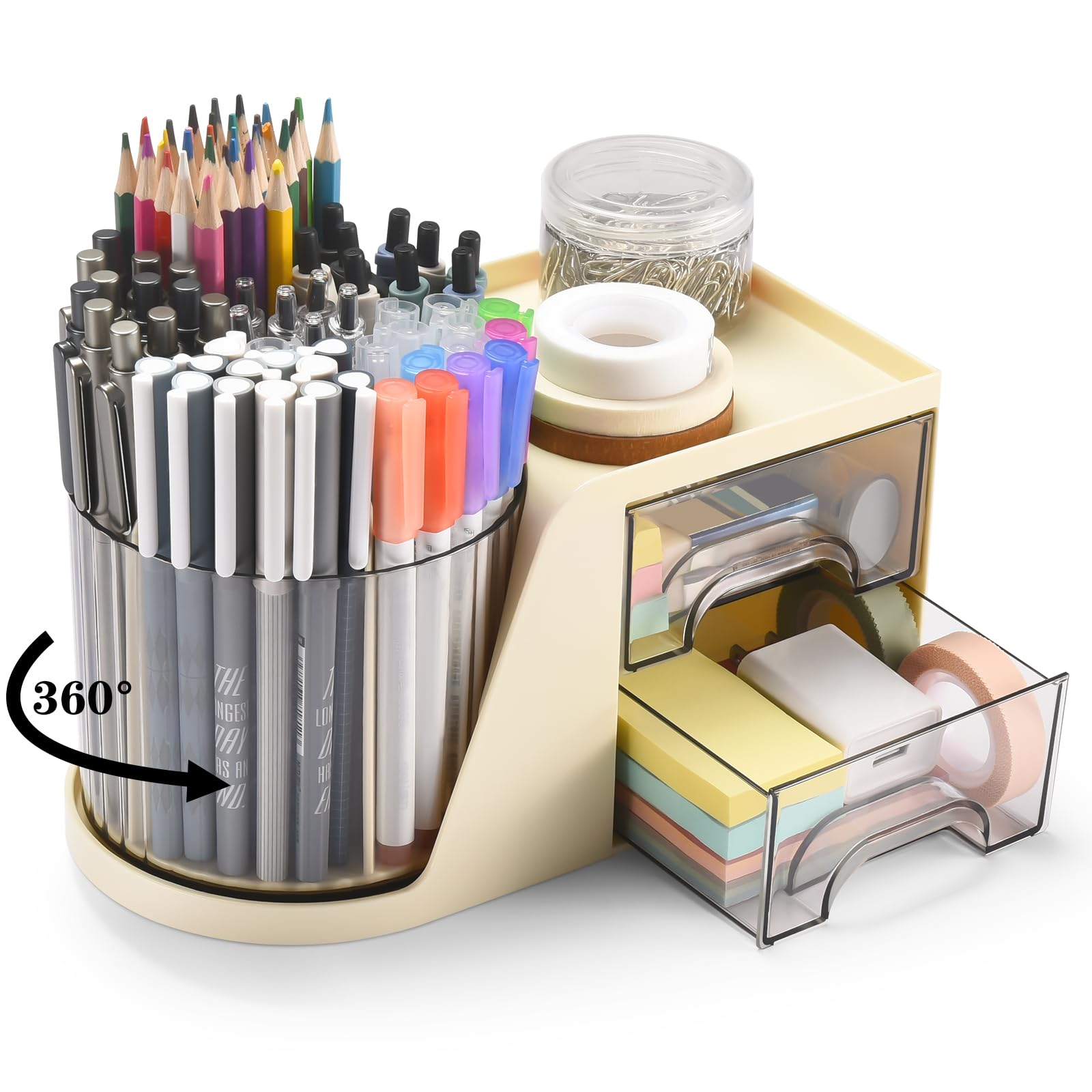 GGIANTGO Rotating Desk Organizer with 2 Drawer Pencil Pen Holder for