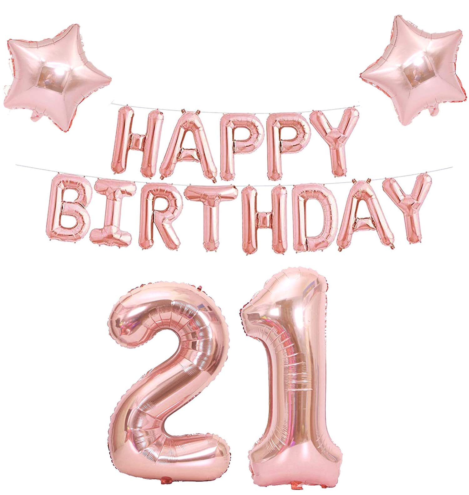 Mannli 21st Birthday Decorations Twenty One Balloons Banner Happy Birthday with 2PCS Star Foil Balloons for for Women Girl Birthday Party Decoration Rose Gold