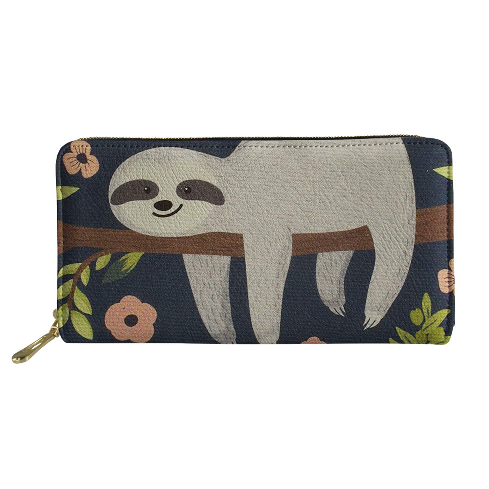 HUGS IDEA Floral Sloth Animals Wallets Long Wallet Clutch Purses Handbags for Women Ladies Girls