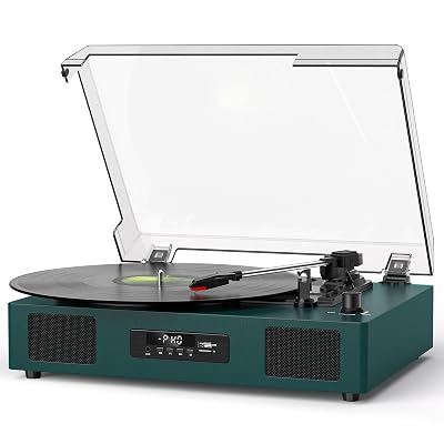 Vinyl Record Player Bluetooth with Built-in Speakers & USB Recording, Vintage Belt-Drive 3 Speeds Turntable Supports RCA Output, Auto-Stop, Green