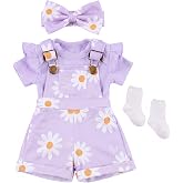 BABESIDE 4 Pcs Reborn Baby Doll Clothes Set for 17-22 Inch Baby Dolls | Cute Purple Flower Baby Doll Overalls Lifelike Reborn Baby Doll Accessories with Headband and Socks for Realistic Dolls Girl