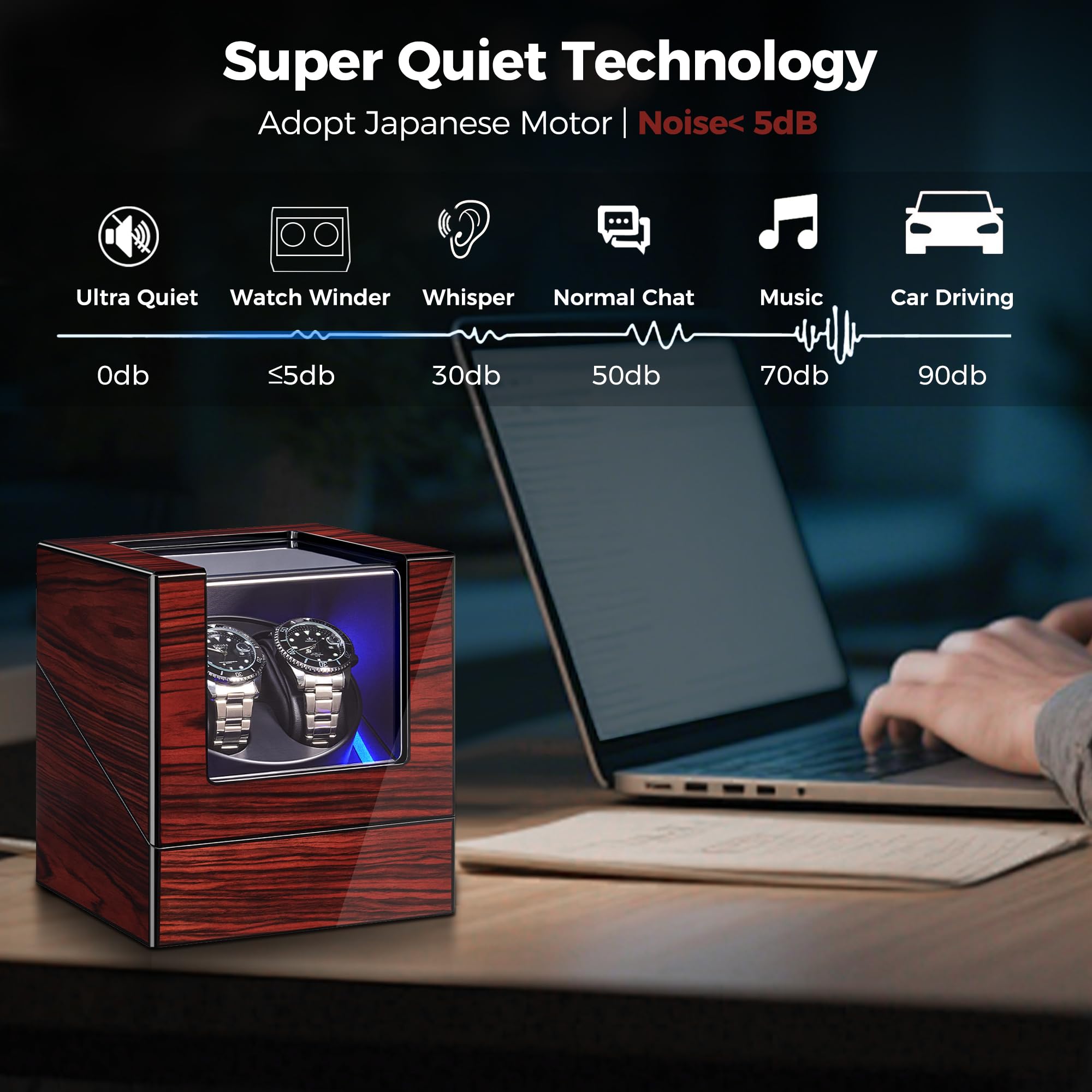 ANWBROAD Watch Winder for Automatic Watches Double with Super Quiet Motor Flexible Watch Pillows LED Backlight Wooden 5 Modes Battery or Type-C Adapter UJWW001Y