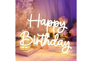 YALLOVE 16 x 11.89 Inch Happy Birthday Neon Sign, White Happy Birthday Neon Light with Battery Case, Adjustable Brightness, N