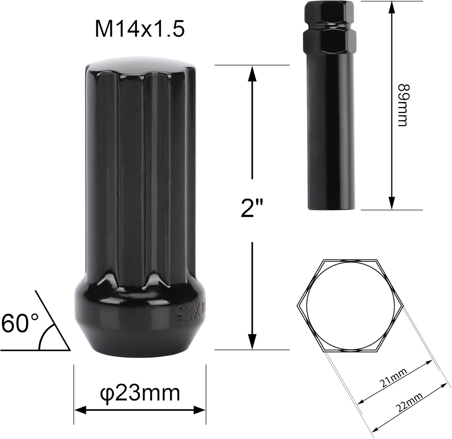 Rying M14x1.5 2inch Lug Nuts 24 Pcs Black, Closed End Spline Lug Nuts for Aftermarket Wheels Wheel Lug Nut,Bonus 1 Spline Tool/Key for Installation and Removal: Automotive