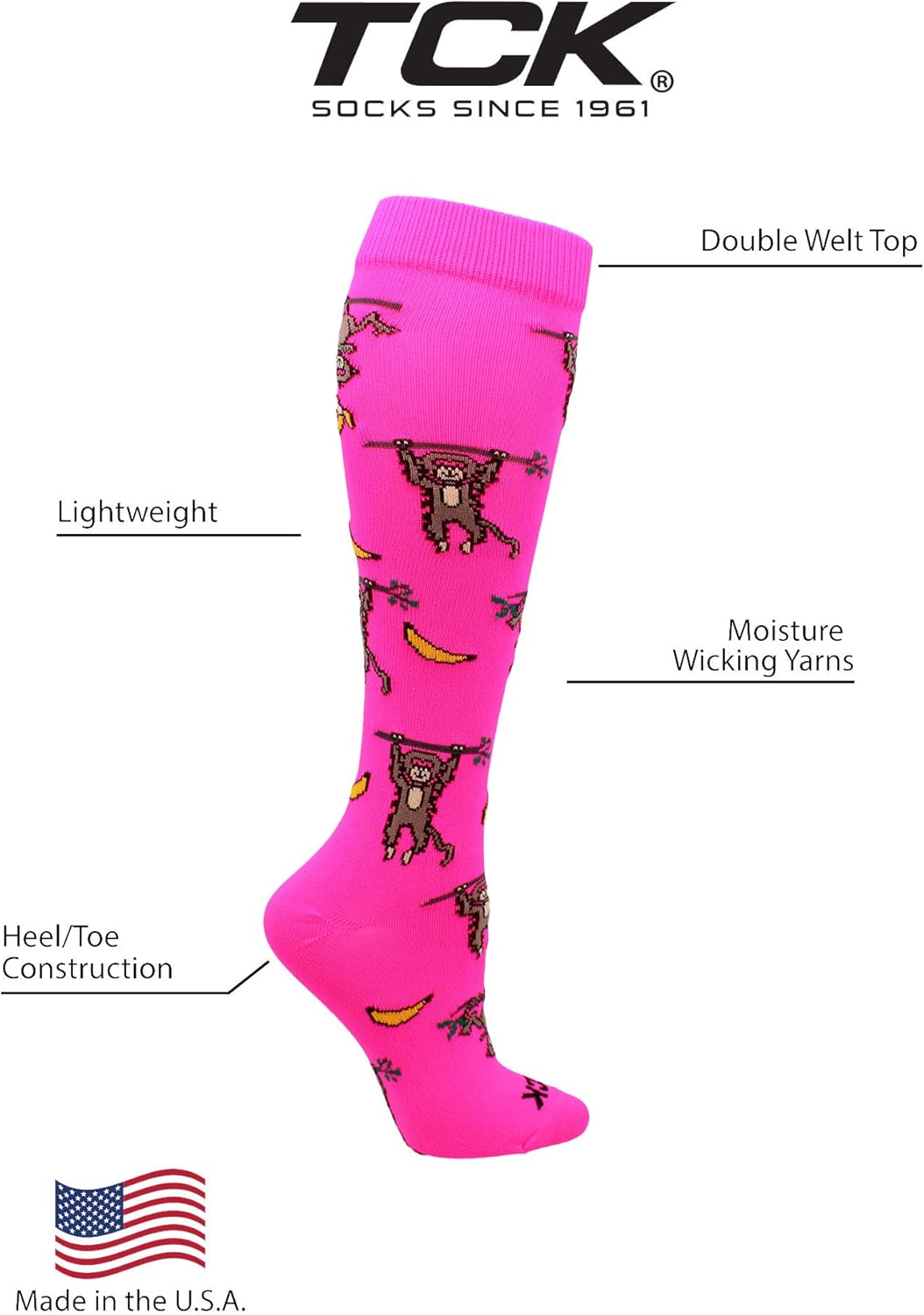TCK Monkeys and Bananas (Pink, Medium) : Athletic Socks : Clothing