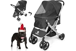 Wedyvko Dog Stroller for Medium Dogs Upgraded - Upto 55 lbs Pets Stroller with Reversible Handlebar, 4 360 Wheels, Foot Brake, Wide Mesh Canopy, 2 Security Leashes, Cup Holder, Storage Basket, Black